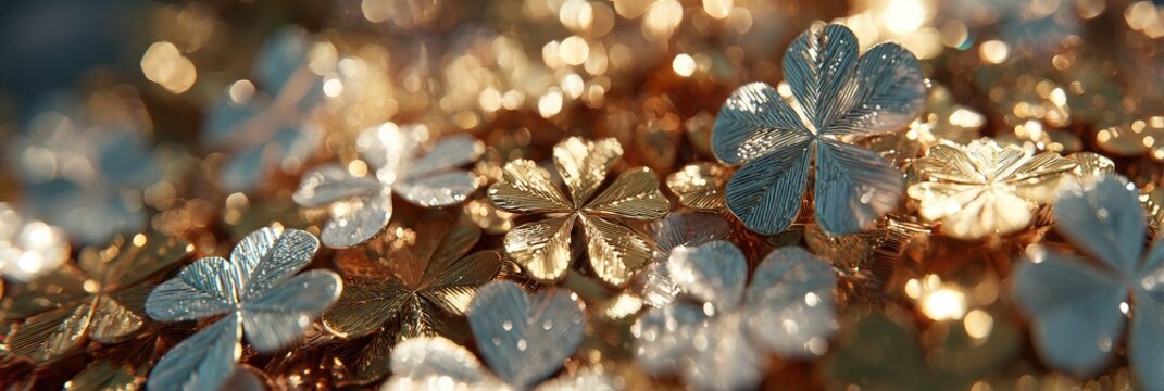 Detailed close-up of many small, golden and light-blue clover-shaped leaves