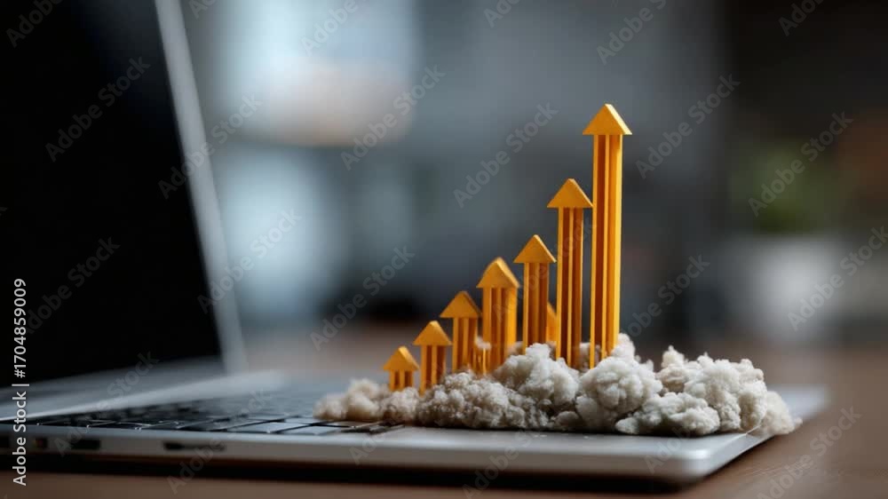 Aufkleber rising above: an eye-level shot of a notebook computer with an upward-pointing bar graph illustratio