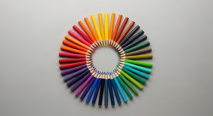 Obraz premium Spectrum of colored pencils organized in circular arrangement on grey background