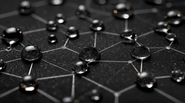 Molecular Connection:A macro shot,an intricate web of molecular connections, rendered in detail with water droplets glistening, representing science, technology, and connectivity.Genetative Ai