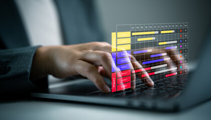 Project management tools, timeline planning and task progress concept. A businessperson working on futuristic Gantt chart project timeline with multiple projects and progress tracking display digital.