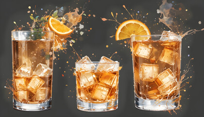 Three Paloma cocktails with ice and grapefruit slices in highball and rocks glasses. Watercolor illustration of tequila-based pink drinks with salt rim and rosemary garnish	