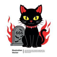 Cute black devil cat with horns and a spiked collar sitting by a flaming 666 gravestone