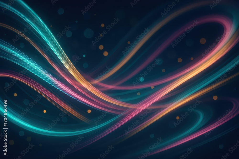 Poster electric teal and magenta light trails weaving into flowing waves with golden sparks and soft bokeh 