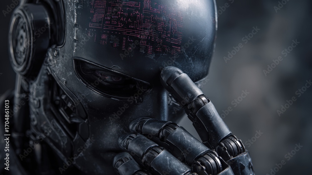 Poster contemplative robot: a detailed depiction of a modern android robot thoughtfully touching its face, 