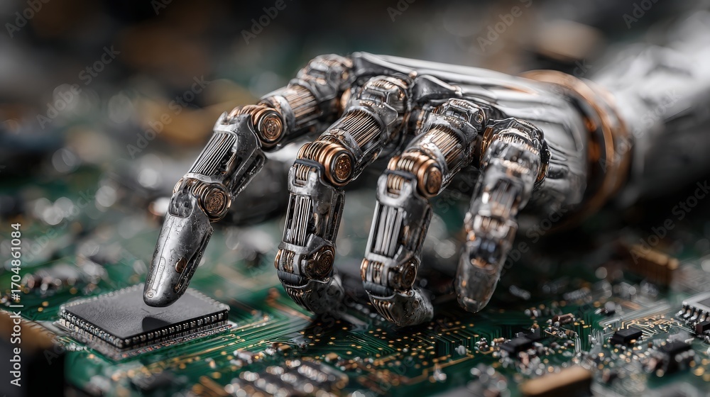 Poster robotic hand and microchip: a close-up shot revealing the intricate mechanics of a robotic hand deli