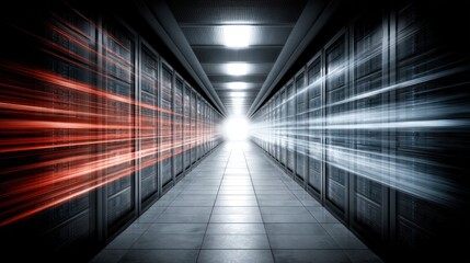 Futuristic Data Center Corridor with Moving Light Trails in Modern Server Room