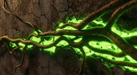 Naklejka premium A cracked wall glowing with green roots, symbol of renewal.