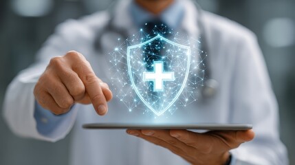 Doctor using digital tablet to access patient data and health insurance protection, showcasing technology in medicine