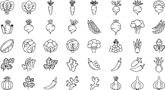 Fresh vegetable icons offering a healthy lifestyle concept, ideal for recipe books, food blogs, and nutrition guides to promote wellness and vibrant living through wholesome eating