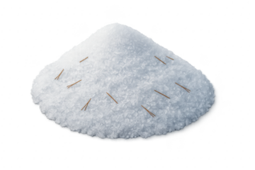 Crisp winter snowdrift with delicate frost crystals and pine twigs isolated on transparent background realistic cutout with soft natural shadows