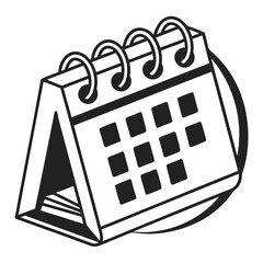 Illustration of a desk calendar with square dates and a circular background element in black and white