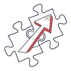 An upward pointing arrow in red and white overlaid on two interlocking jigsaw puzzle pieces in white color