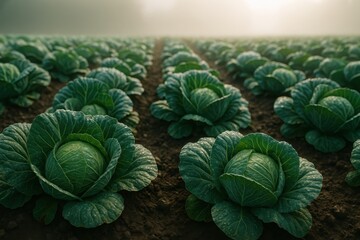 Fototapeta premium Fresh dew kissed cabbage heads growing in rich soil under morning light organic farm field texture vibrant green leaves crisp harvest ready vegetables