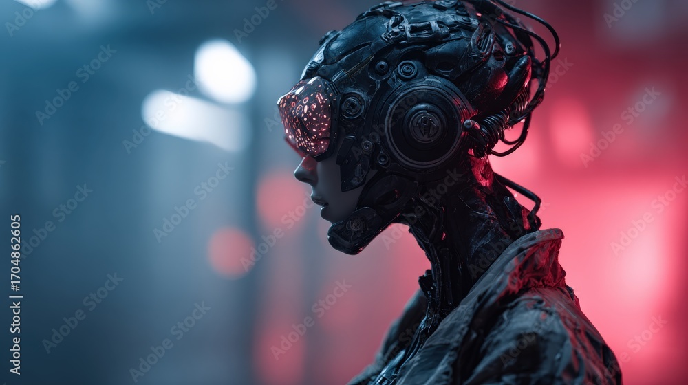 Poster cybernetic visionary: a mesmerizing close-up of a cyborg with futuristic augmentations and high-tech