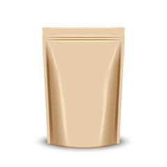 Realistic blank brown kraft paper stand-up pouch with zip lock mockup 3d vector isolated on white front view, product doypack template, showcasing eco-friendly design in sustainable food and snack.