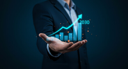 A business executive displays a vibrant holographic bar graph with an upward trend, illustrating strategic growth, future success, and financial planning for 2030.