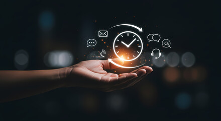 A human hand gently cradles a luminous digital clock icon, symbolizing efficient time management and seamless communication in a modern, interconnected world.