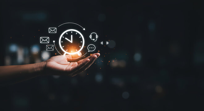 A human hand cradles a glowing digital clock, symbolizing efficient time management, urgent deadlines, and seamless communication in a contemporary business setting.