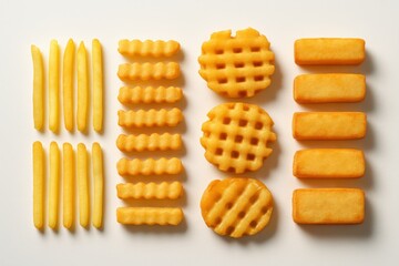 Golden crispy french fries assortment neatly arranged top down on bright white background minimal snack collection tasty fast food isolated set