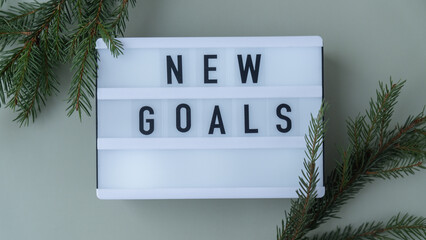 Lightbox with inspirational message NEW GOALS with fir branches on pastel background. Happy new year promises resolutions concept. Self growth and personal development