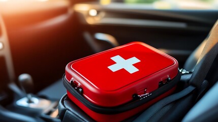 Naklejka premium First aid kit in a car for emergency situations.