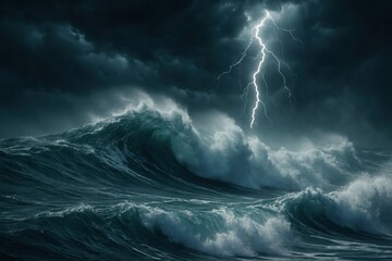 Monumental ocean storm with colossal waves smashing under thunderclouds lightning streaks and sea spray a tribute to the untamed power of water