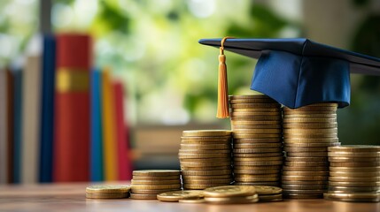Graduation cap on coins symbolizes education costs.
