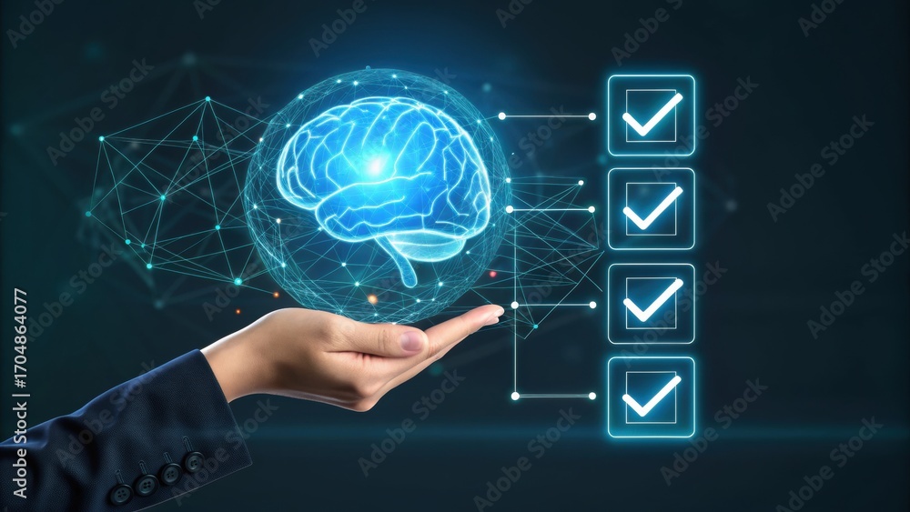 Aufkleber ai automatic task system. hand holding a glowing brain with digital checkmarks, symbolizing innovati