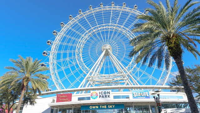 Icon Park Ferris wheel with palm trees in Orlando, showcasing vibrant atmosphere and entertainment options