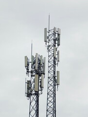 Telecommunication tower of 4G and 5G cellular. Cell Site Base Station. Wireless Communication Antenna Transmitter. Telecommunication tower with antennas.