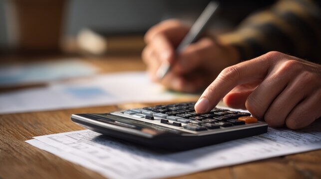 Calculating Finances: A person's hands meticulously working through financial documents, using a calculator and pen on a wooden desk, suggesting focus and attention to detail. Generative Ai - Powered by Adobe