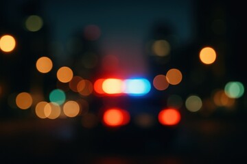 Abstract bokeh of red and blue emergency police lights at night blurred crime scene background with copy space dramatic urban atmosphere