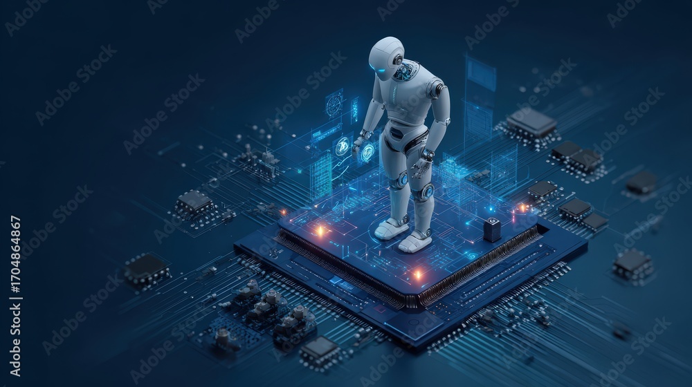 Poster robotic intelligence: an advanced ai robot stands poised on a central processing unit, surrounded by