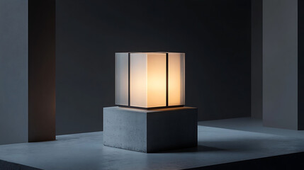 Cube-shaped minimalist table lamp with translucent panels glowing from within, placed on a concrete pedestal in a monochrome room