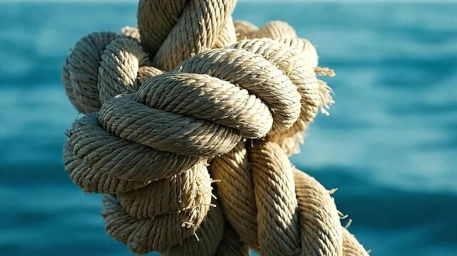 A thick beige rope tied in a complex knot filling the frame with its texture against a blurred blue water backdrop