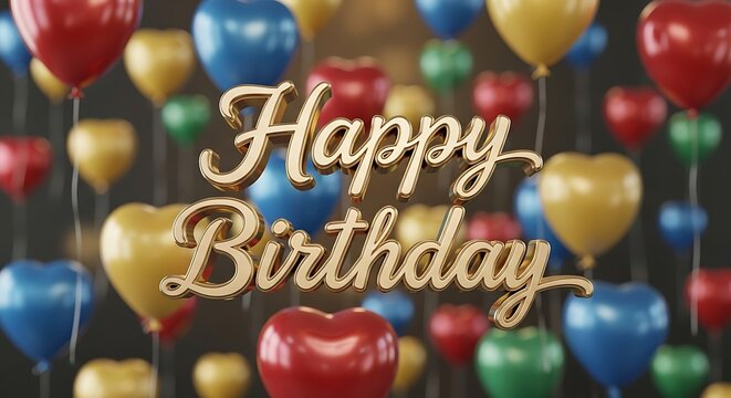 Joyful birthday celebration with colorful heart-shaped balloons and festive text - Powered by Adobe