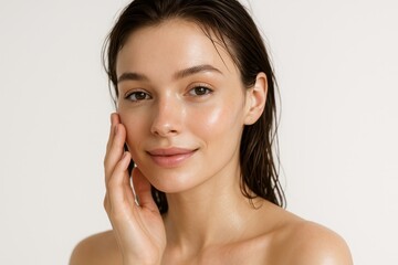 Radiant morning skincare portrait of fresh faced woman with dewy hydrated glow touching cheek gentle light white backdrop