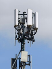 Telecommunication tower of 4G and 5G cellular. Cell Site Base Station. Wireless Communication Antenna Transmitter. Telecommunication tower with antennas.