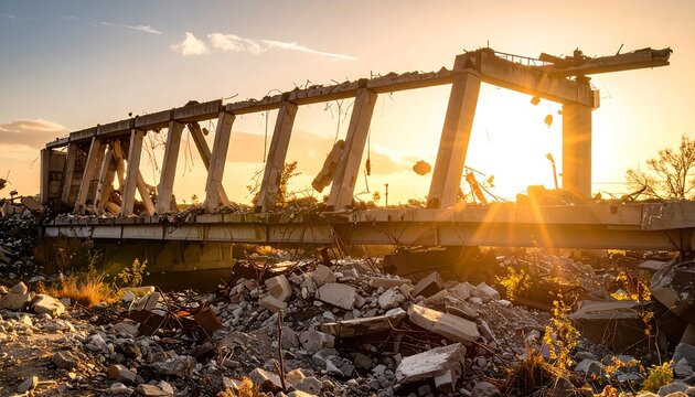 Destroyed concrete bridge structure at sunset, symbolizing ruin and aftermath.