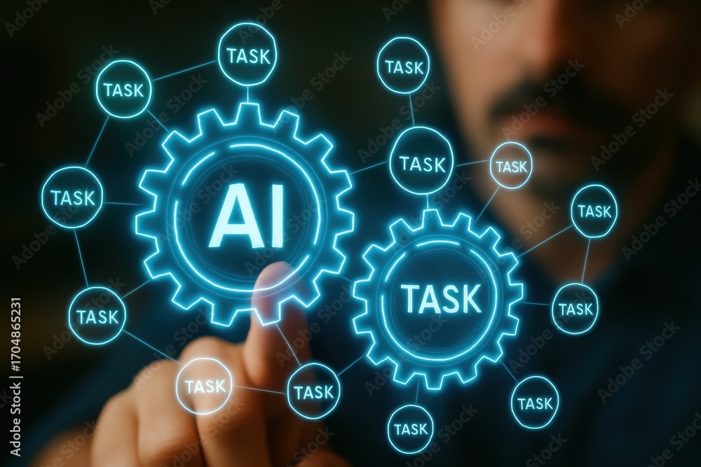 Aufkleber ai automatic task system. a person interacting with digital gears labeled ai and task, symbolizing a