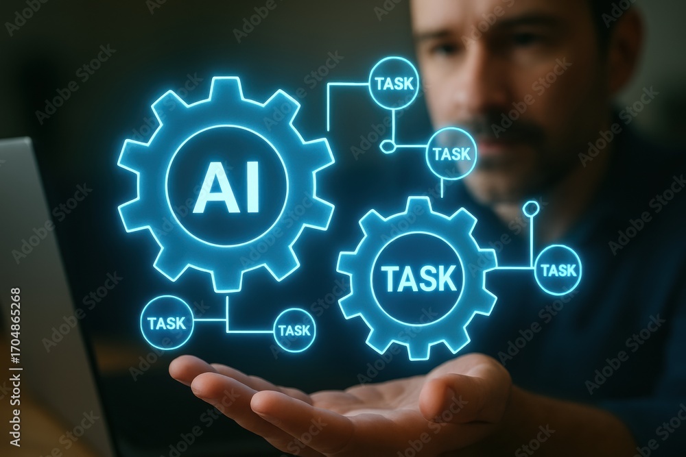 Aufkleber ai automatic task system. a person interacts with virtual gears labeled ai and task, symbolizing tec