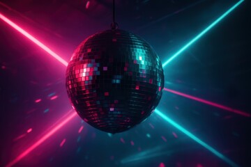 Glowing disco sphere with pink and teal neon beams slicing through haze retro nightclub vibe vibrant reflections and colorful light trails on dark stage