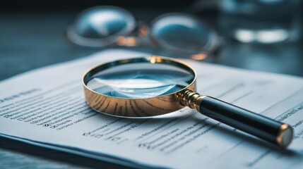 Fototapeta premium Investigative Details: A meticulously composed image presents a magnifying glass resting upon a crucial document, inviting viewers to explore the finer points. Generative Ai