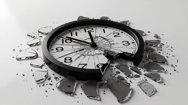 Broken clock surrounded by shattered glass on white