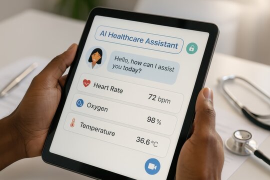AI health assistant on tablet enabling telemedicine empathetic chat interface remote patient care secure data visuals modern clinic technology