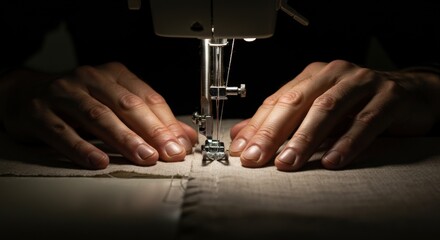 Hands Sewing Fabric with Sewing Machine Close-up View.