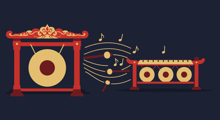 This elegant illustration showcases traditional Indonesian Gamelan musical instruments, featuring ornate gongs and flowing musical notes, representing a rich cultural heritage.