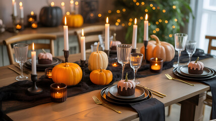A halloween themed table setting with pumpkins candles and cupcakes on a wooden table top decorat .