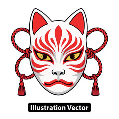 Fox Mask with Red Markings, Traditional Japanese Folklore Illustration